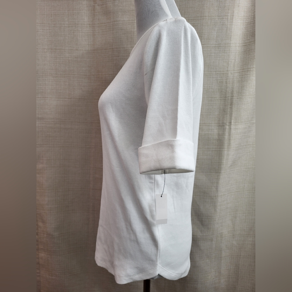 Talbots Women's White Ribbed Knit Stretch Boat Neck‎ 3/4 Sleeve Top Size Lg NWT - Picture 2 of 12